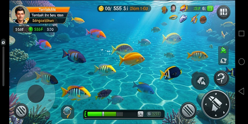 Screenshot utama menunjukkan aksi seru menembak ikan di 555F.