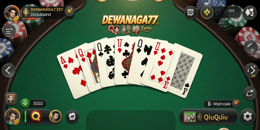 Gameplay seru QiuQiu di DEWANAGA77 dengan kartu dan pemain yang berinteraksi.
