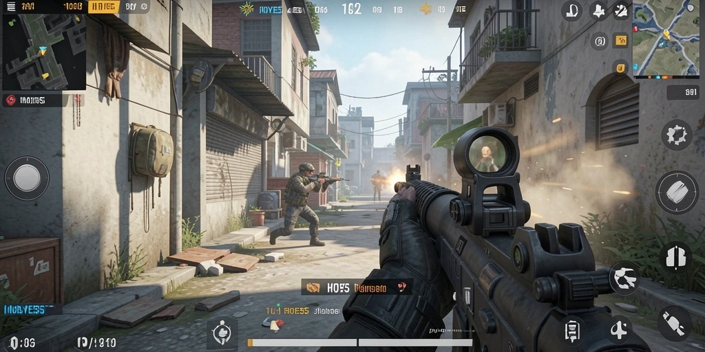 Tangkapan layar dari gameplay menegangkan dalam HOYE55 dengan aksi tembak-menembak yang dinamis.