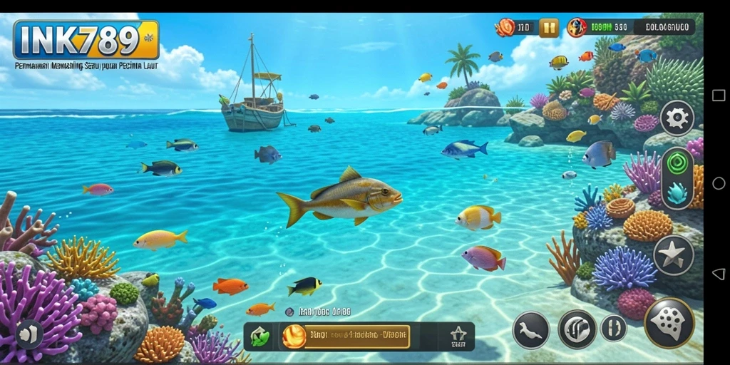 Screenshot INK789 menampilkan pemain sedang memancing di laut yang indah.